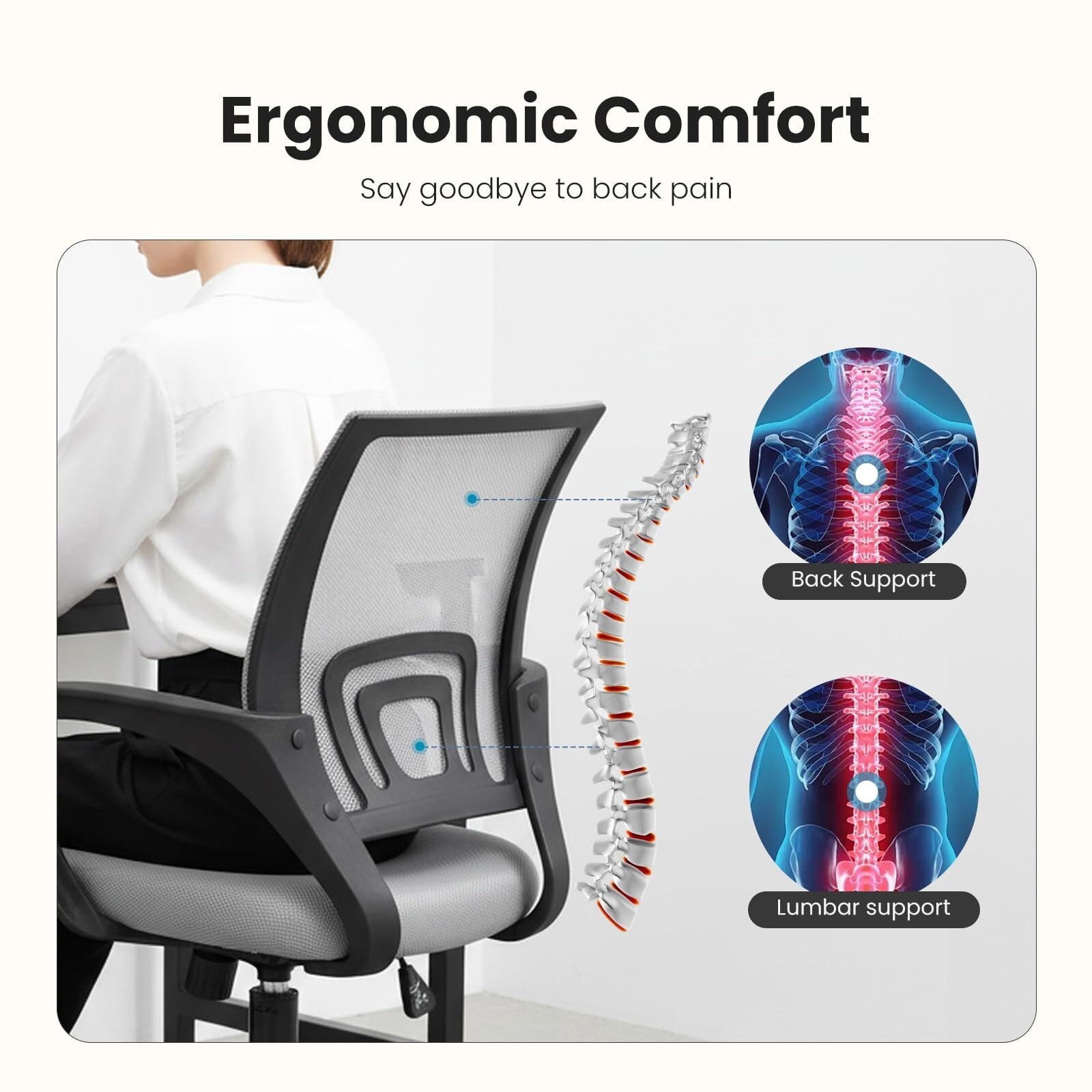 Kelno Mid-Back Mesh Office Chair 250lb Capacity Ergonomic Desk Chair with Lumbar Support Adjustable Height Rocking Task Chair, Gray