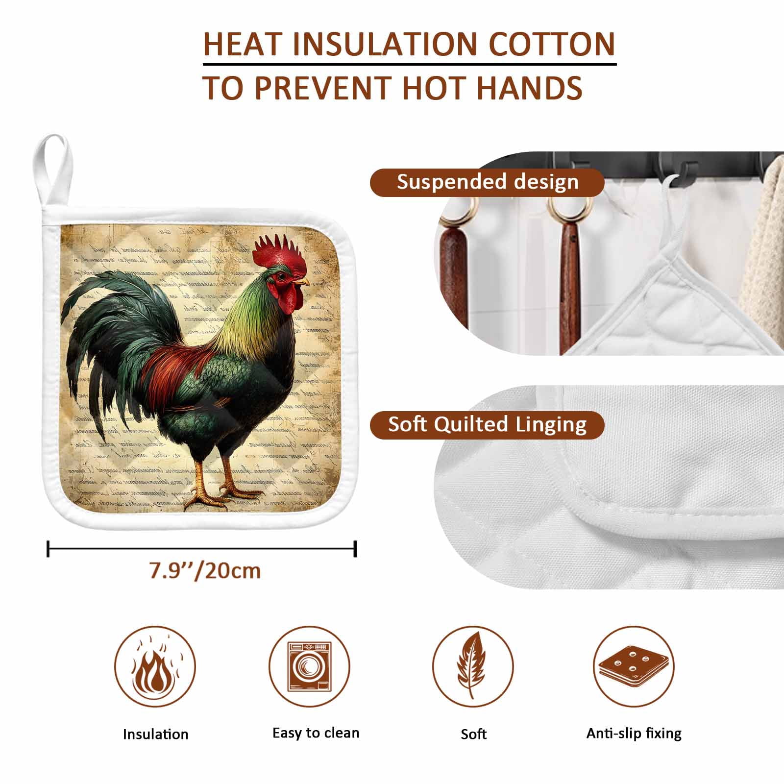 Retro Rooster Pot Holders for Kitchen Heatproof Potholder, 4 Pack Farmhouse Vintage Animal Watercolor Hot Pads Multipurpose Oven Pads Cloth Potholders Trivet for Cooking and Baking
