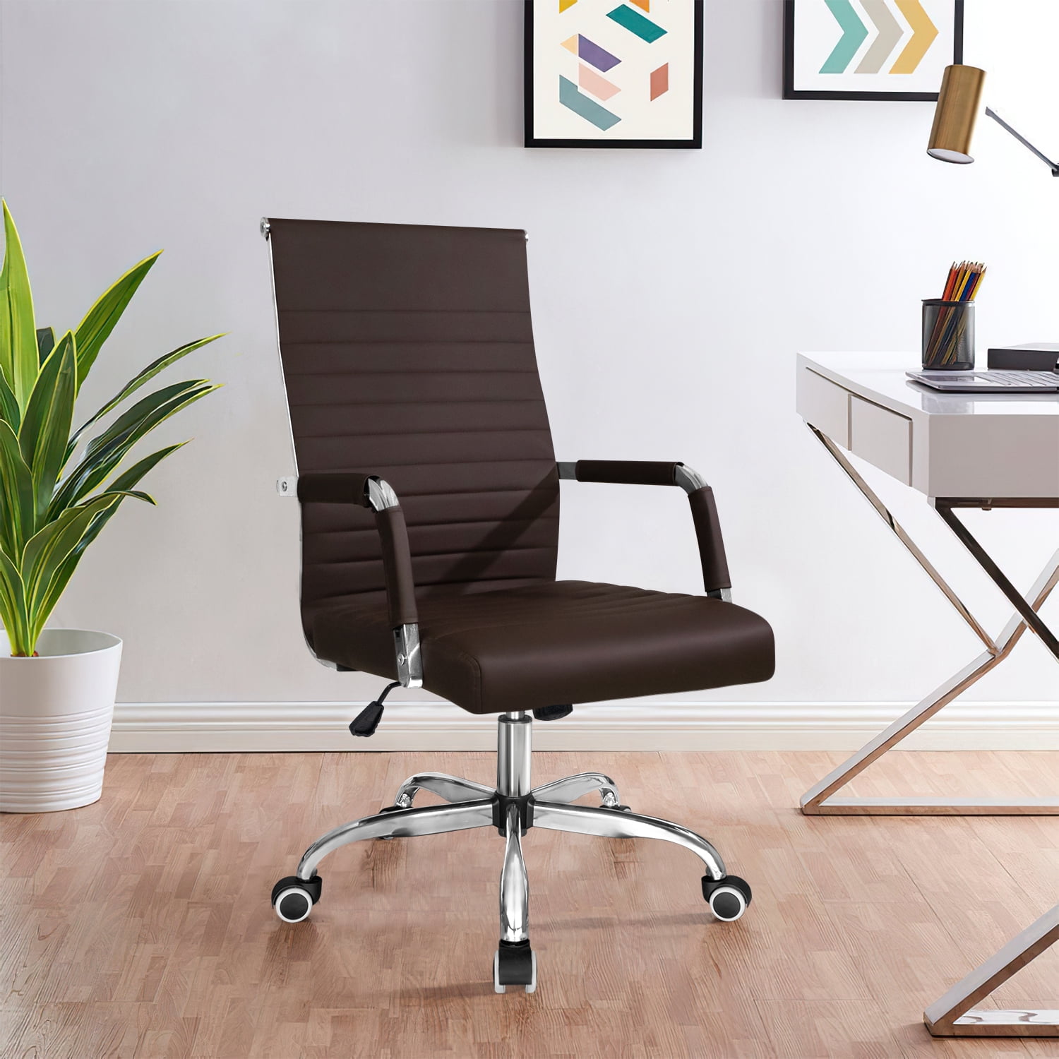 Furmax Ribbed Office Desk Mid-Back PU Leather Executive Conference Task Adjustable Swivel Chair with Arms, Brown