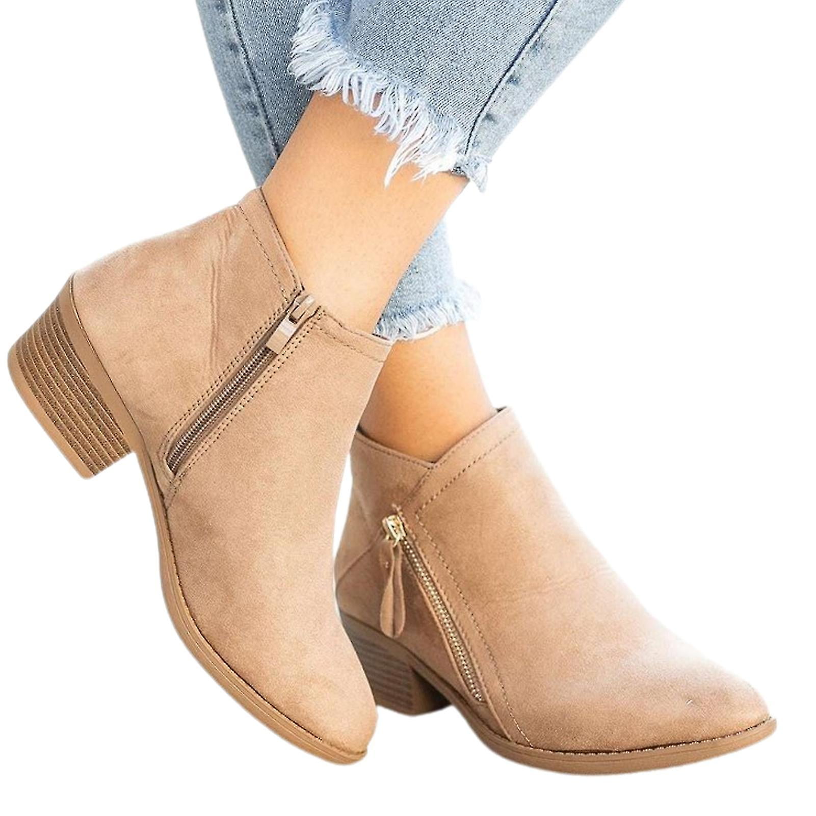Women Beige Ankle Boots Casual Knee High Gift Zip Up Walking Fashion Low Heeled