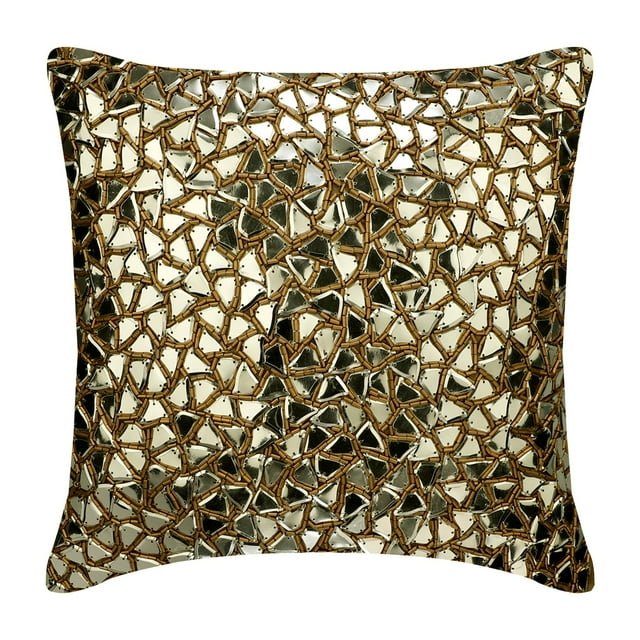 The HomeCentric Custom Cushion Cover, Gold Pack of 2, 14x14 inch (35x35 cm) Throw Pillow Covers, Silk Sequins & Beaded Throw Pillows For Couch, Abstract Pattern Modern Style Easter - Shimmering Gold