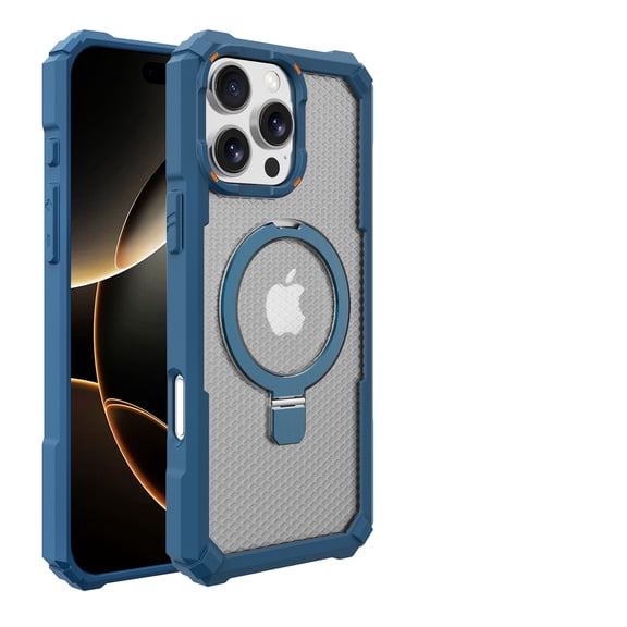 for iPhone 16 Pro Max Case, Adjustable Ring Holder Stand, Shockproof Four-Corners Drop Protective Case Support Wireless Charging, Frosted Translucent Rugged Cover for iPhone 16 Pro Max, Blue