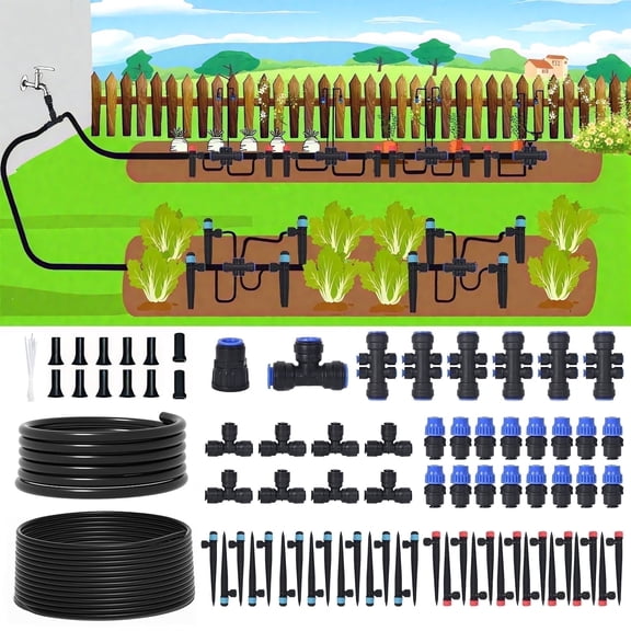 TERRALYX 230ft Drip Irrigation System with Quick-Connect,33ft 1/2" Mainline 197ft 1/4" Tubing Drip Irrigation Kit and 3 Nozzle Types Irrigation System for Garden,Flower Bed,Raised Bed,Greenhouse
