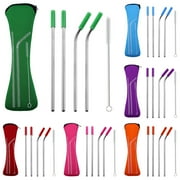 Opolski 4Pcs Reusable Silicone Tips Cover Stainless Steel Straight Bent Drinking Straws