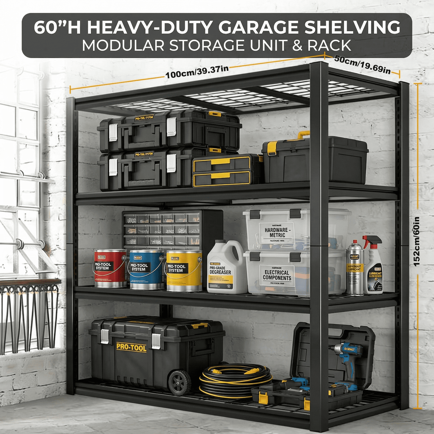 Heavy Duty Garage Shelving Unit, 2240 lbs Metal Storage Shelves, Adjustable Steel Shelving Rack, 39.37"W x 19.6"D x 60"H, 4-Tier Freestanding Industrial Shelf for Garage, Basement, Warehouse