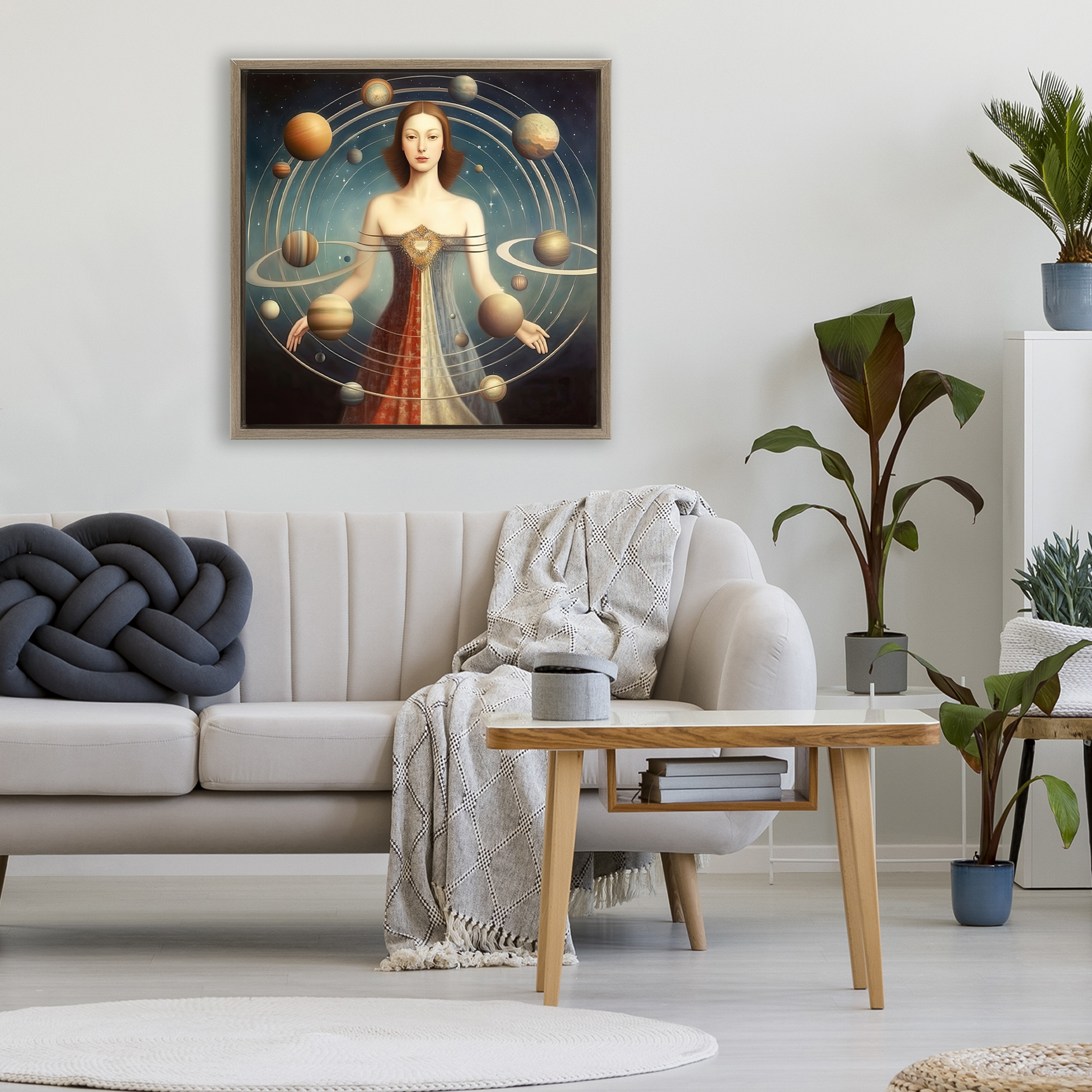 Galactic Orbits Woman Brown Framed Floater Canvas Wall Art, design by Sasha