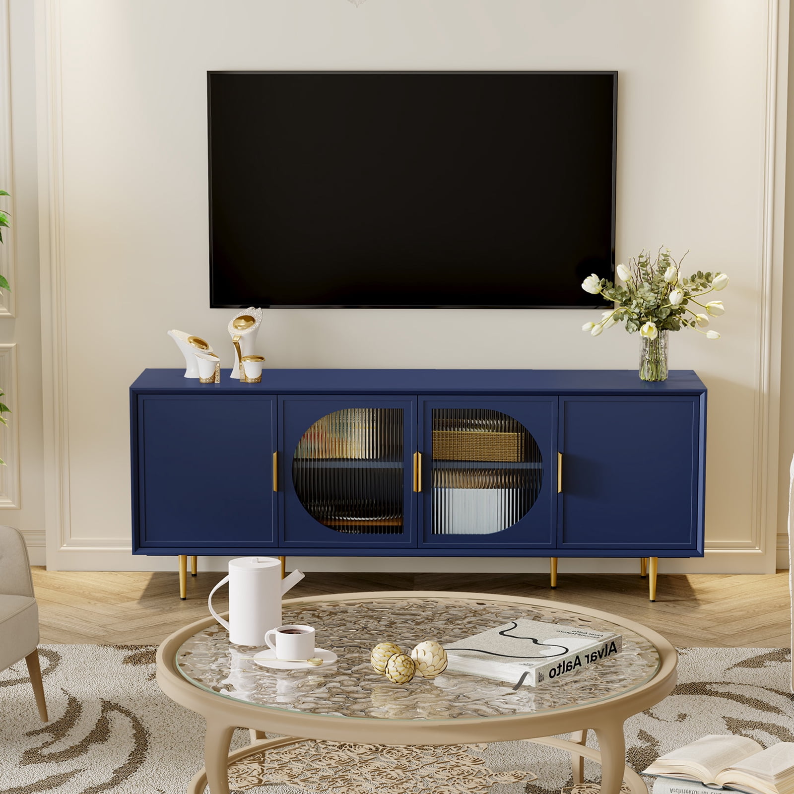 HLR Modern 66" TV Stand, for TVs up to 75", Living Room Entertainment Center with Glass Storage Cabinet, Blue