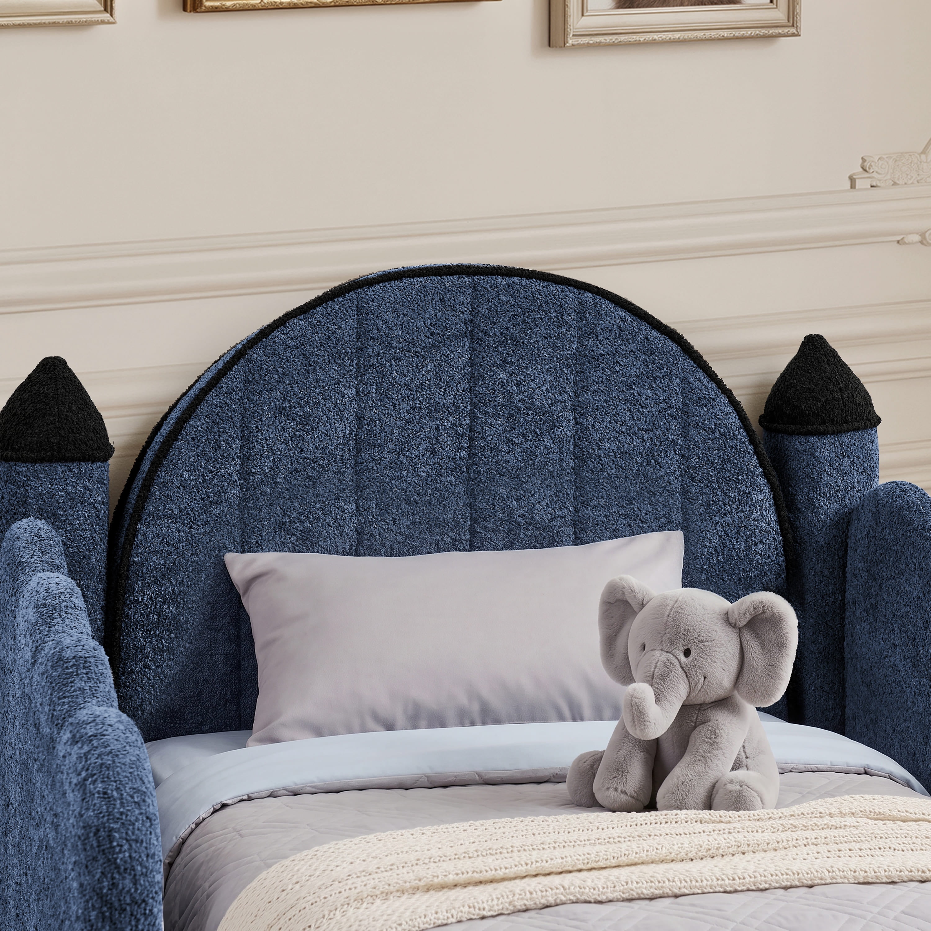 Wakefit Twin Size Castle Bed with Safety Guardrails & Curtain,Boucle Upholstered Kids Bed Solid Wood Frame,Cute Daybed for Bedroom,Navy Blue