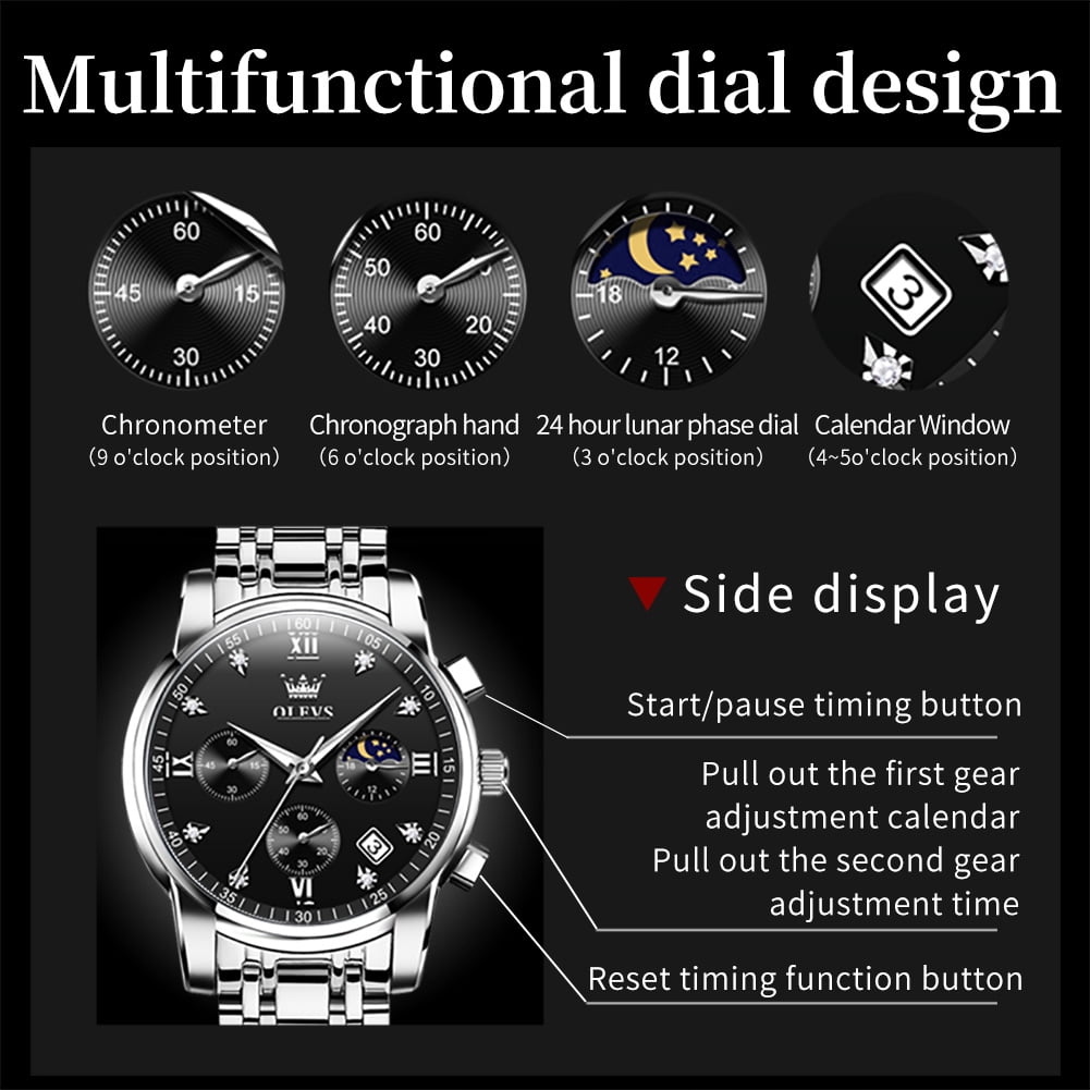 OLEVS Watches for Men Luxury Dress Casual Analog Quartz Gold Plated Stainless Steel Chronograph Moon Phase Waterproof Luminous Date Business Mens Wrist Watches Reloj Para Hombre