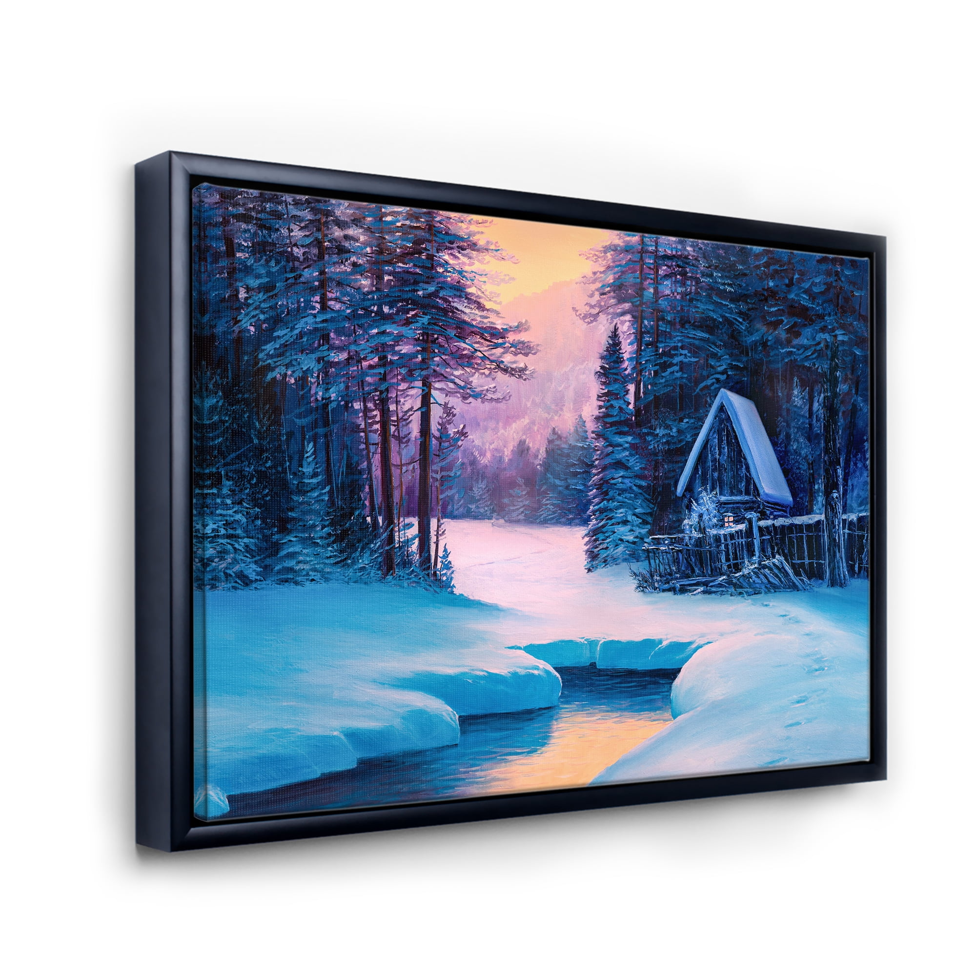 Designart 'The River House In The Woods and Winter Landscape II' Lake House Framed Canvas Wall Art Print