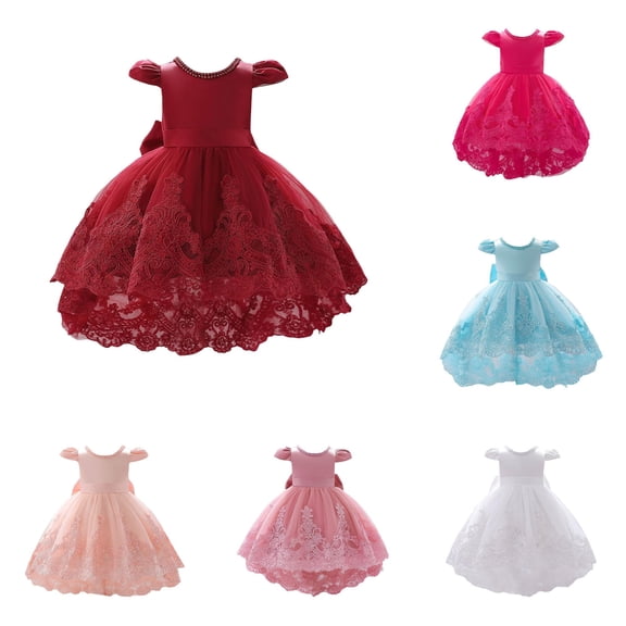 WAYUTE Flower Girl Dress Floral Princess Dress Crew Neck Flying Sleeve Mesh Lace Toddler Kids First Birthday Outfit Stylish,Brick Red