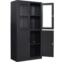 STANI Heavy Duty Metal Cabinet with Lock, Tall Office Storage Cabinet with Glass Door, Lockable Black Steel Cabinet with 2 Adjustable Shelves for Home, Clinic, Pantry, Basement