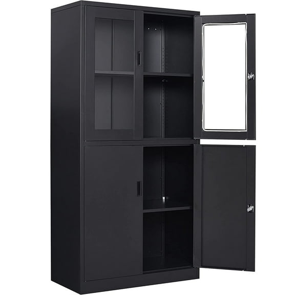 STANI Heavy Duty Metal Cabinet with Lock, Tall Office Storage Cabinet with Glass Door, Lockable Black Steel Cabinet with 2 Adjustable Shelves for Home, Clinic, Pantry, Basement