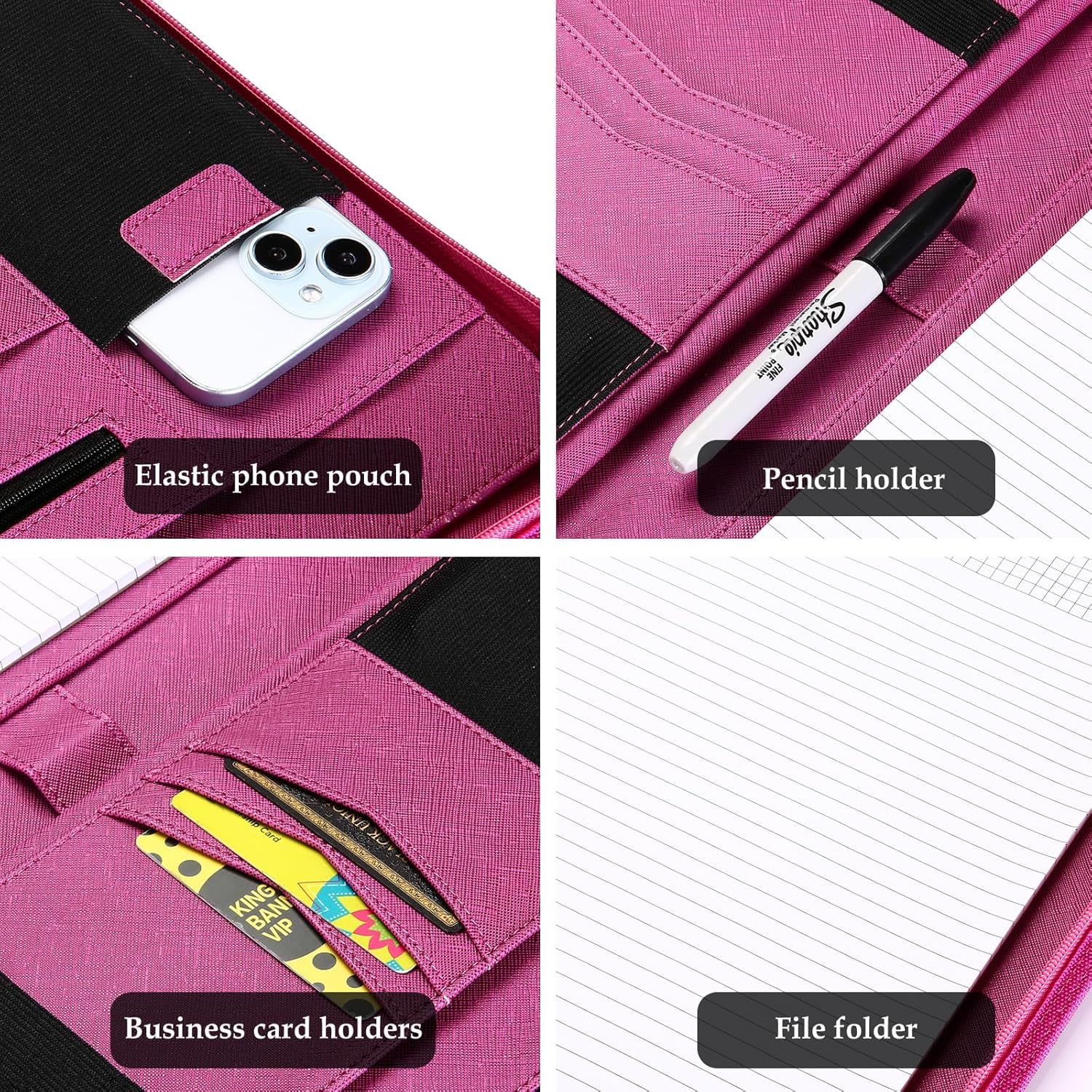 ProCase Portfolio Business Padfolio Folder with Zipper, Document Organizer with Pockets Letter Size A4 Writing Pad Padfolio -Magenta