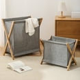 thumbnail image 3 of Walbest Rustic Bamboo Wood Support Comfortable Fabric Foldable Clothes Storage Basket, Large Capacity Clothes Laundry Organizer, 3 of 7