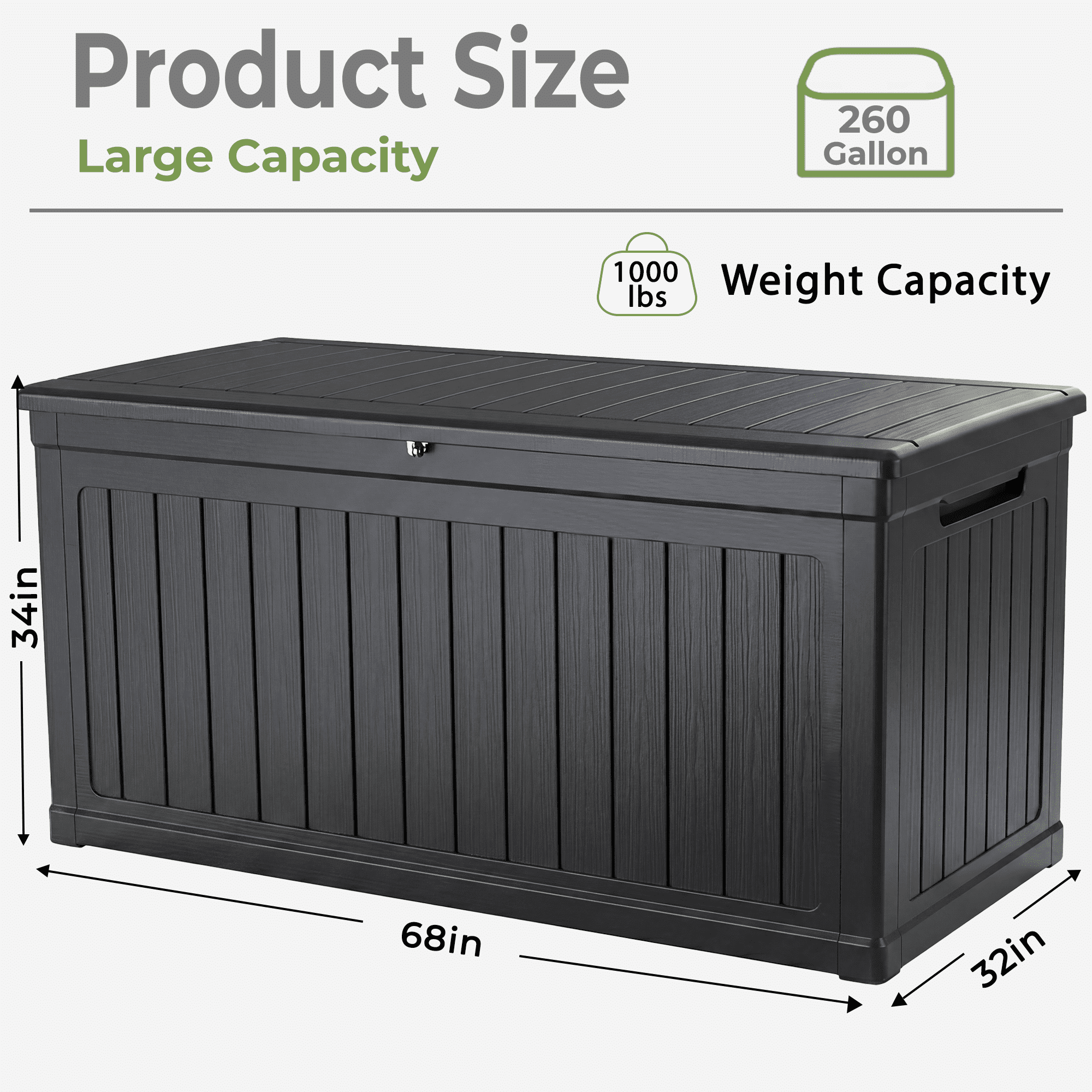 Alvantor Outdoor Storage Box Waterproof Resin Lockable Patio Deck Box Black, 260 Gallon