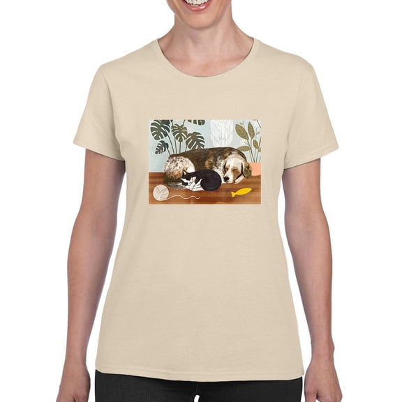 Adorable Dog And Cat Sleeping T-Shirt Women -Victoria Borges Designs, Female Large