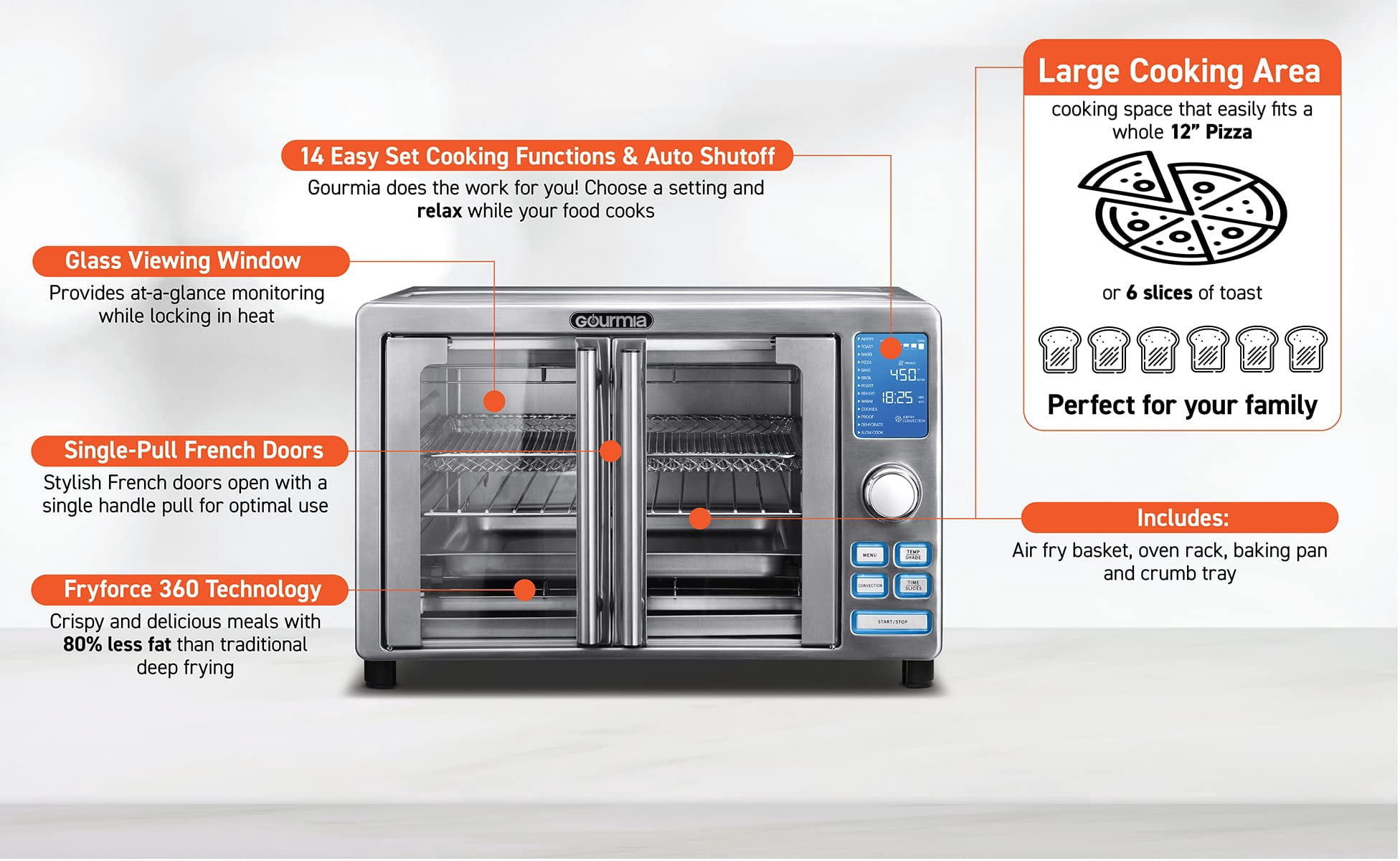 Gourmia GTF7520 Digital Air Fryer Toaster Oven - 6-Slice Countertop Oven With Air Fry Function