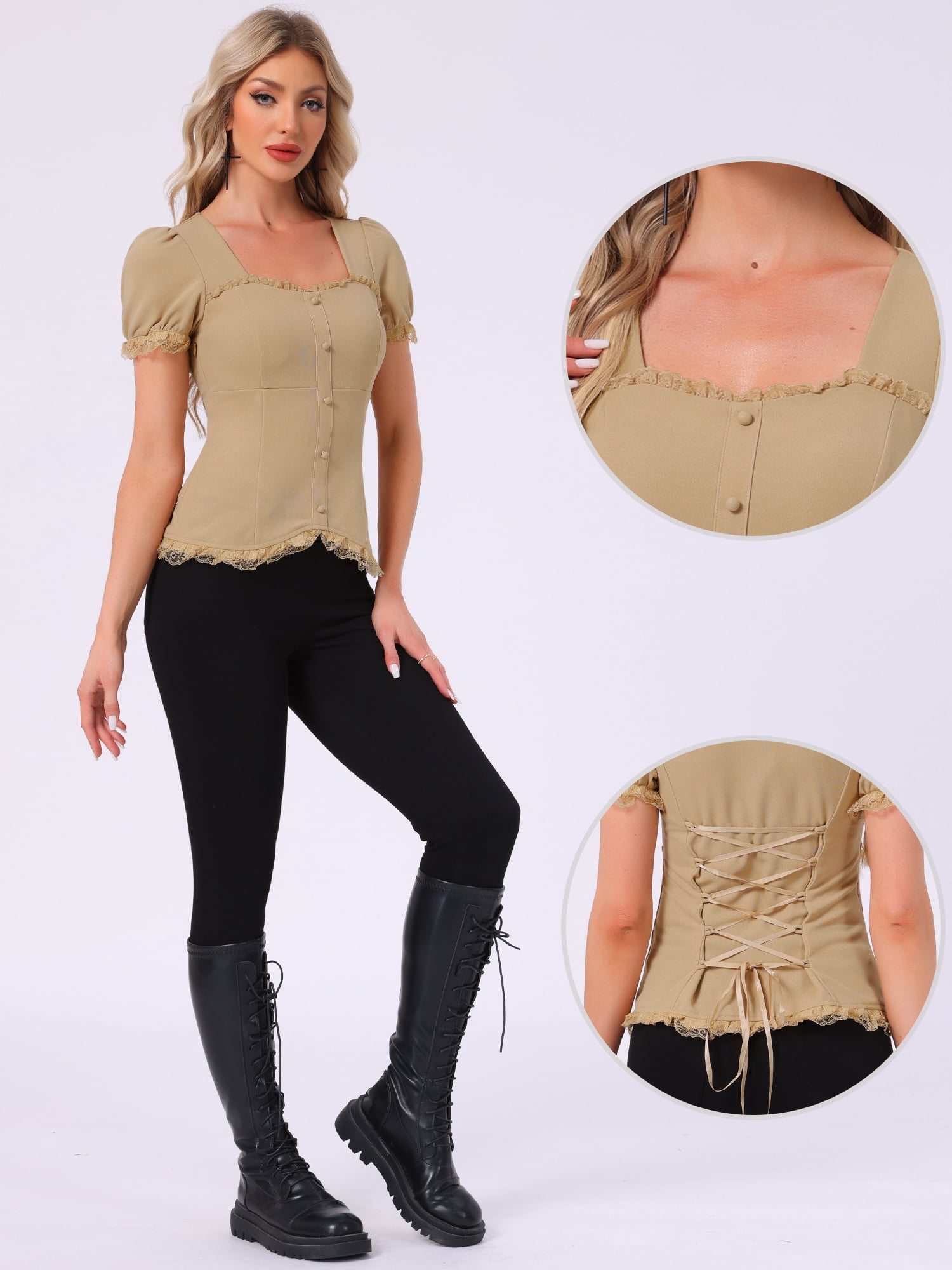 DARING DIVA Sweetheart Neck Puff Sleeve Lace-up Blouse XS Khaki