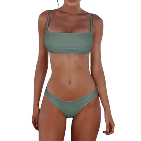 Cathalem Womens Swimsuits Women s Sexy Thong Bottom Two Piece Bikini Double Shoulder Straps Cute Swimsuit Triangle Bathing (Mint Green S)