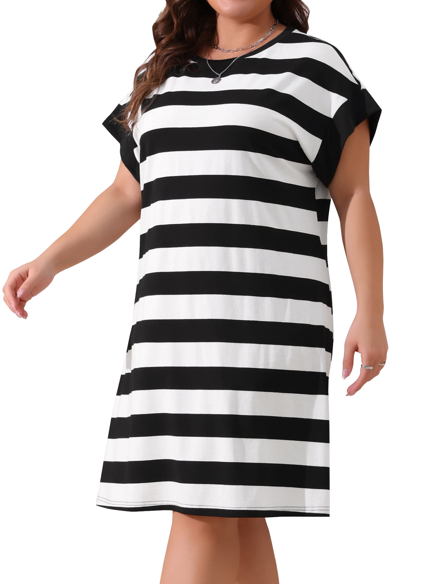 DARING DIVA Women's Plus Size Tunic Short Sleeve Striped Casual t Shirt Dress 1X Black