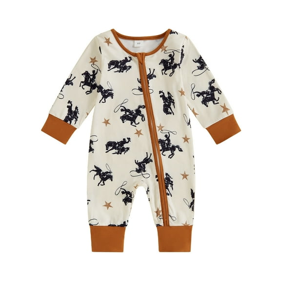Musuos Baby Boy Zipper Romper 3M 6M 12M Casual Western Cowboy Print Long Sleeve Jumpsuit for Infant Fall Outfit