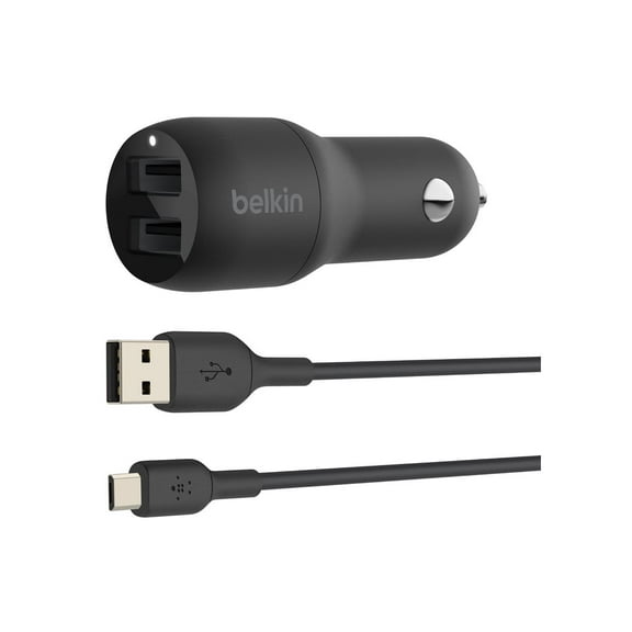 Belkin 24 Watt Dual USB Car Charger - 2 12W USB A Ports with Micro-USB Cable for Fast Charging Apple iPhone 14, 14 Pro, 14 Pro Max, iPhone 13, Samsung Galaxy, AirPods & More - USB-C Charger