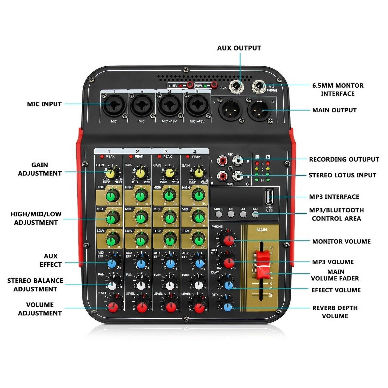6-Channel Mixing Console Mixer Sound Mixing DJ Console for Outdoor Party Recording Studio