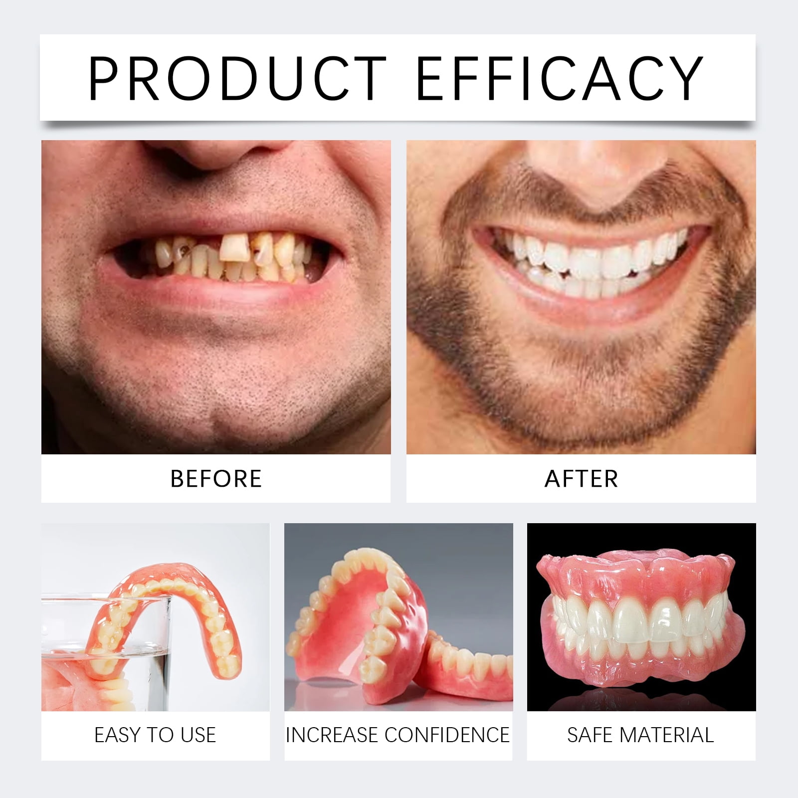 Alvantor Silicone Reline Protect Teeth Set, Full Suction Adjustable Fake Teeth for Instant Smile Enhancement Comfort Fit