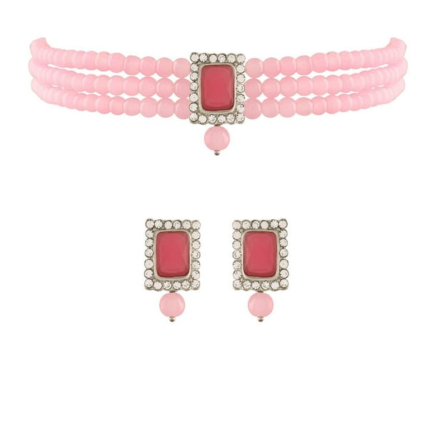 Tilbageholdelse diagonal Overvåge I Jewels 18K Rhodium Plated Pink Stone Studded Pearl Choker Necklace  Jewellery Set With Earrings For Women (ML237ZPi) - Walmart.com