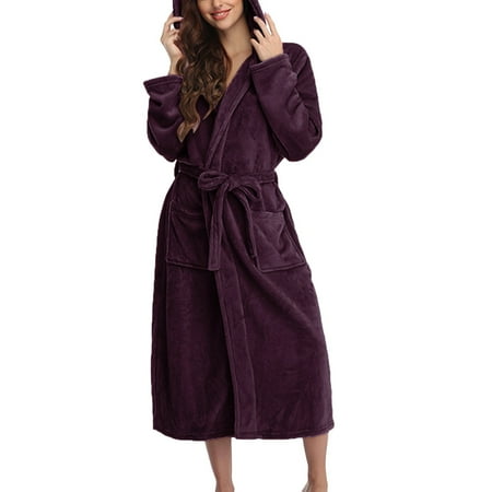 Tiqkatyck Winter Pajamas for Women  Women Hooded Fleece Bathrobe Lightweight Soft Plush Flannel Sleepwear Fleece Hooded Plush Long Warm Robe Women s Lingerie  Sleep & Lounge Purple L