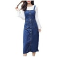 thumbnail image 2 of Denim Pinafore Dress for Women Button Strap Overalls Stretchy Jumper Suspender Dress A-Line Mid Long Pinafore Bibs, 2 of 5