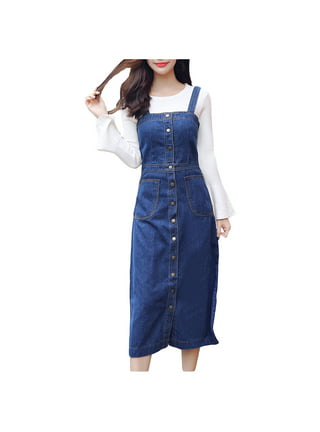 Womens Denim Dungaree Suspender Skirt Baggy Overall Dress Jeans Pinafore  Loose