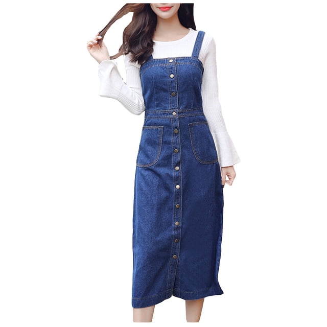 CEHVOM Robe Décontractée pour Femmes en Denim Uni à Col Carré avec Boutons, Sans Manches, à Bretelles