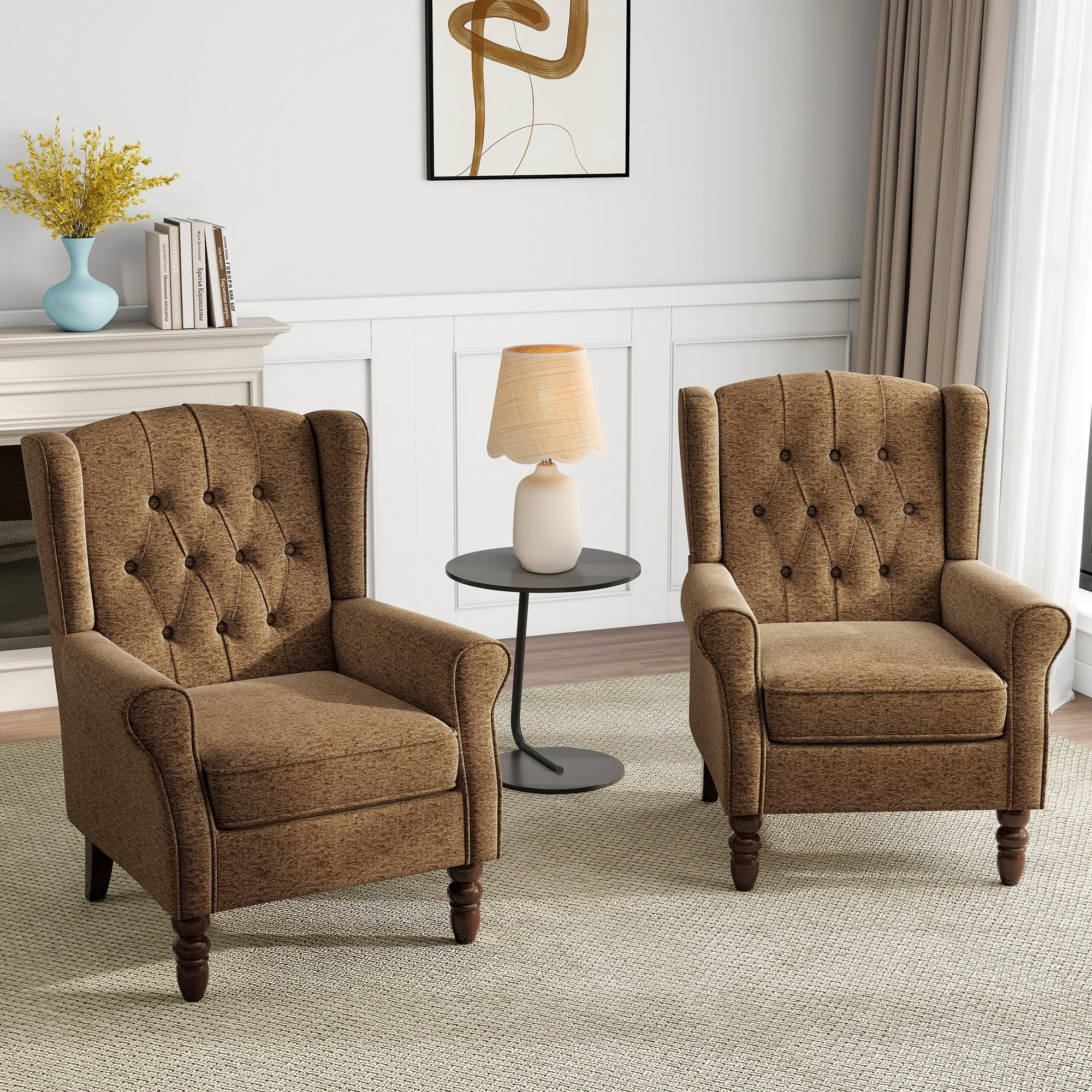 UIXE Wingback Chair Upholstered Armchair Retro High Back Accent Chairs for Living Room, Brown