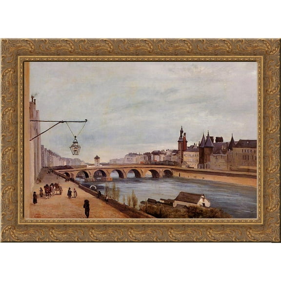 View of the Pont au Change from Quai de Gesvres 24x18 Gold Ornate Wood Framed Canvas Art by Camille Corot