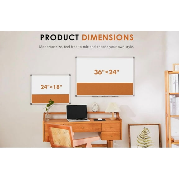 Magnetic Dry Erase and Cork Board Combo Hanging Whiteboard Notice Board for Wall Gift Home School Office, 36 x 24 Inches, with Maker/Pins/PenTray/Hooks