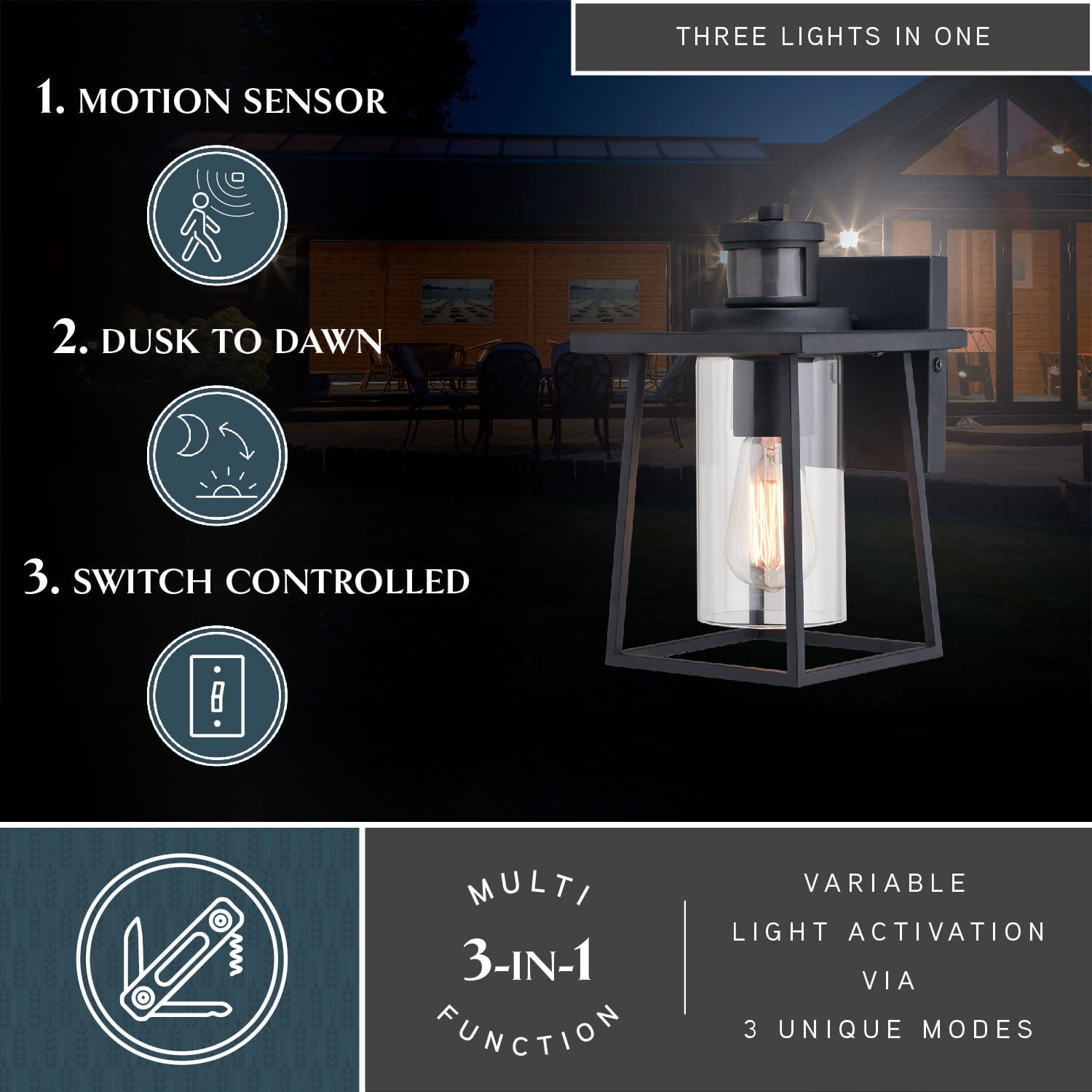 Geneva 7-in. W 1 Light Black Motion Sensor Dusk to Dawn Outdoor Wall Lantern Clear Glass