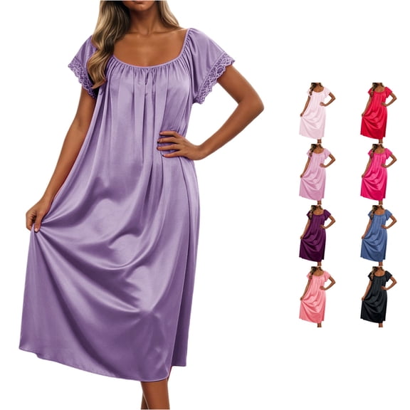 Kingdiese Womens Solid Color Ice Silk Short Sleeve Midi Length Loose Nightdress With Lace Sleeves plus Size Night Gown, Size One Size