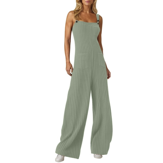 UAMVSH Jumpsuits for Women Casual Ribbed Knitted Trendy Sleeveless Rompers with Pockets Adjustable Strap Wide Leg Long Overalls Clothes