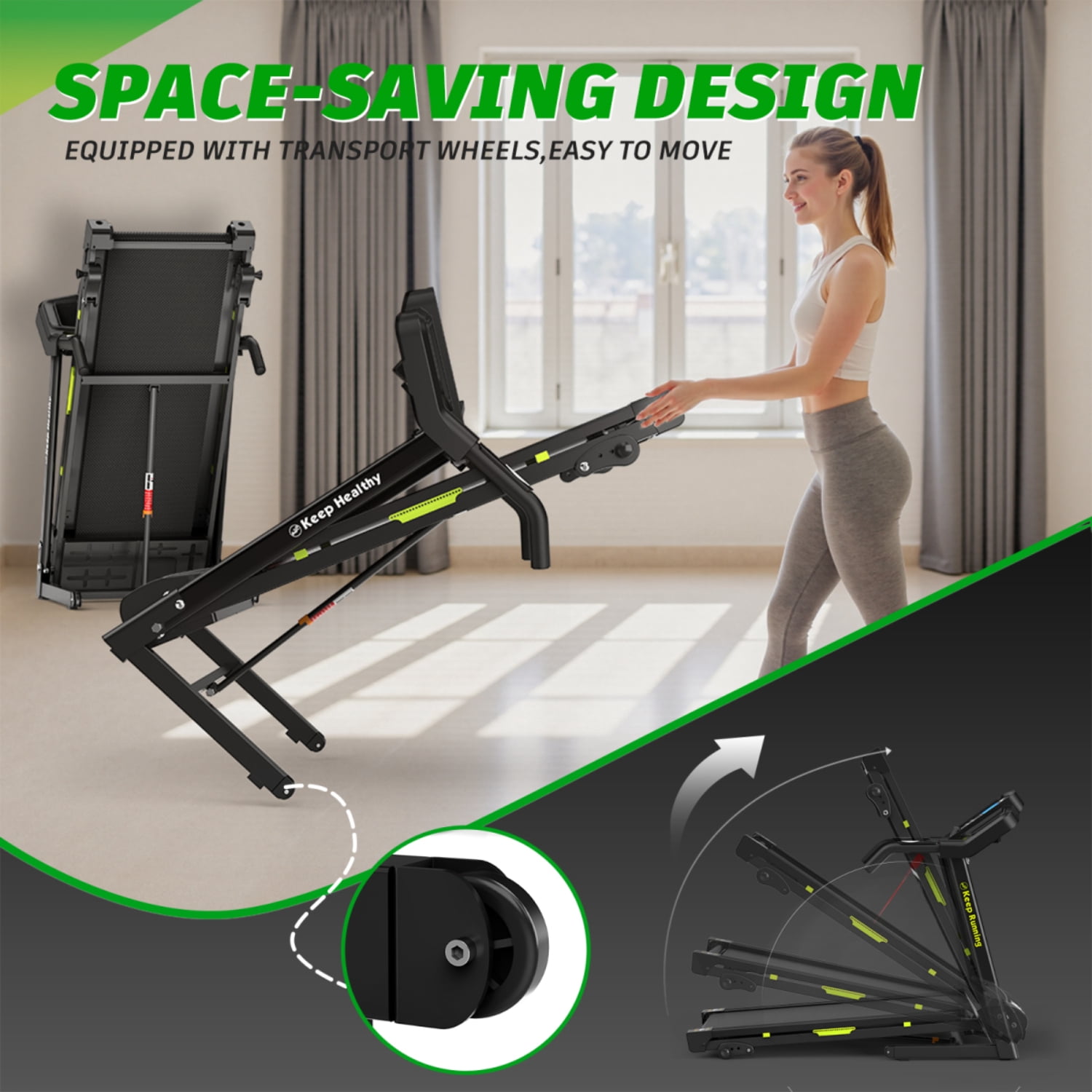 3.5HP Foldable Treadmill with Incline, 330LB Capacity, Handrail Speed Control, 12 Programs, LED Display, Pulse Monitor, Space-Saving Design with Cup & Pad Holders