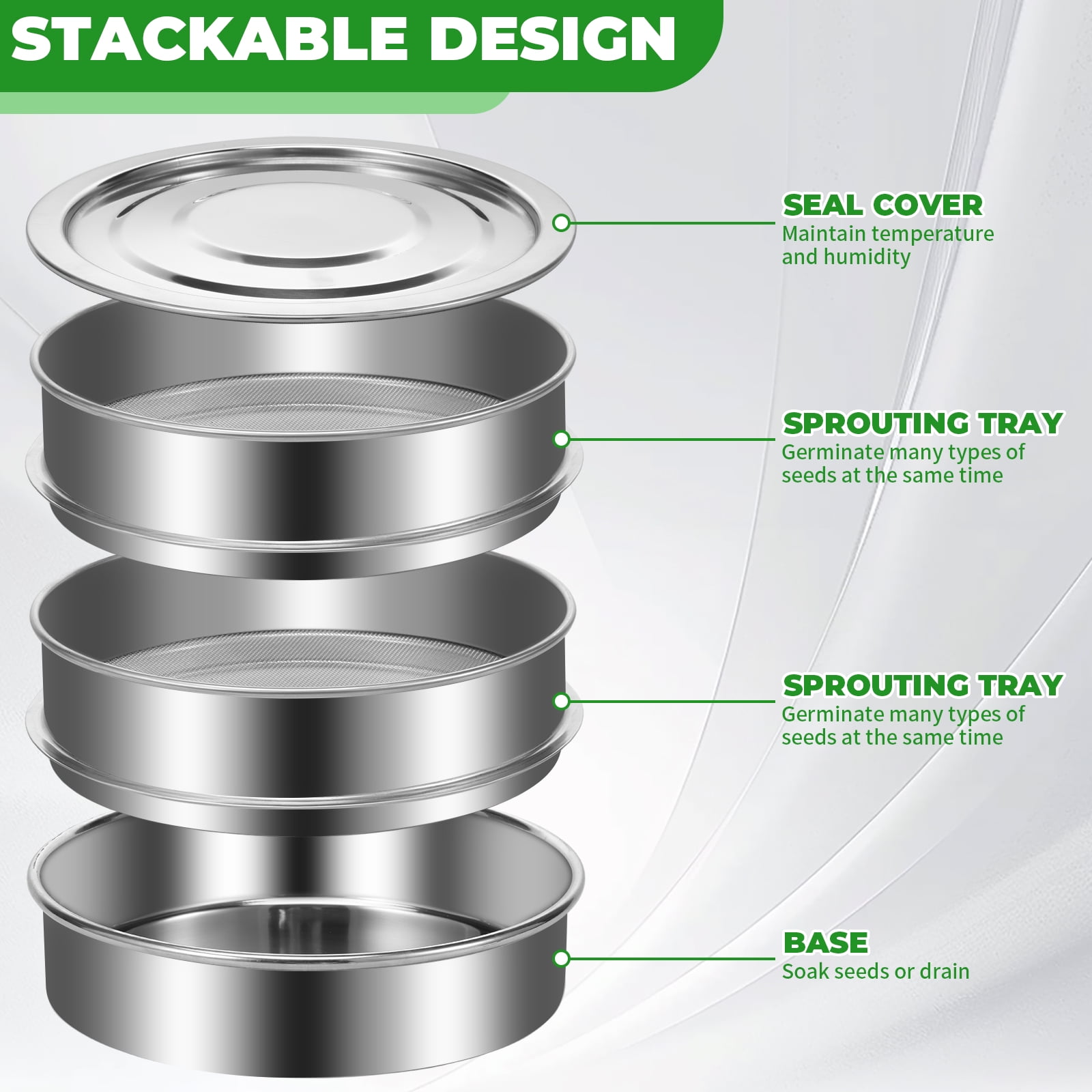 8.6" Stackable Stainless Steel Seed Sprouting Kit 3-Tier Mesh Sprouting Trays Seed Sprout Grower with Lid Base Microgreens Propagator for Beans Peas Broccoli Wheat Grass
