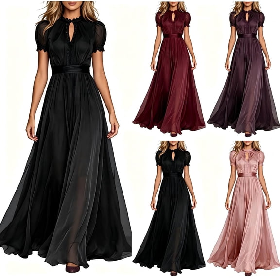 Tqcoqu Women High Neck Lace Puff Sleeve Maxi Dress,Flowy Formal Plus Size Gown for Women ,Black Women's XS-XXXXXL
