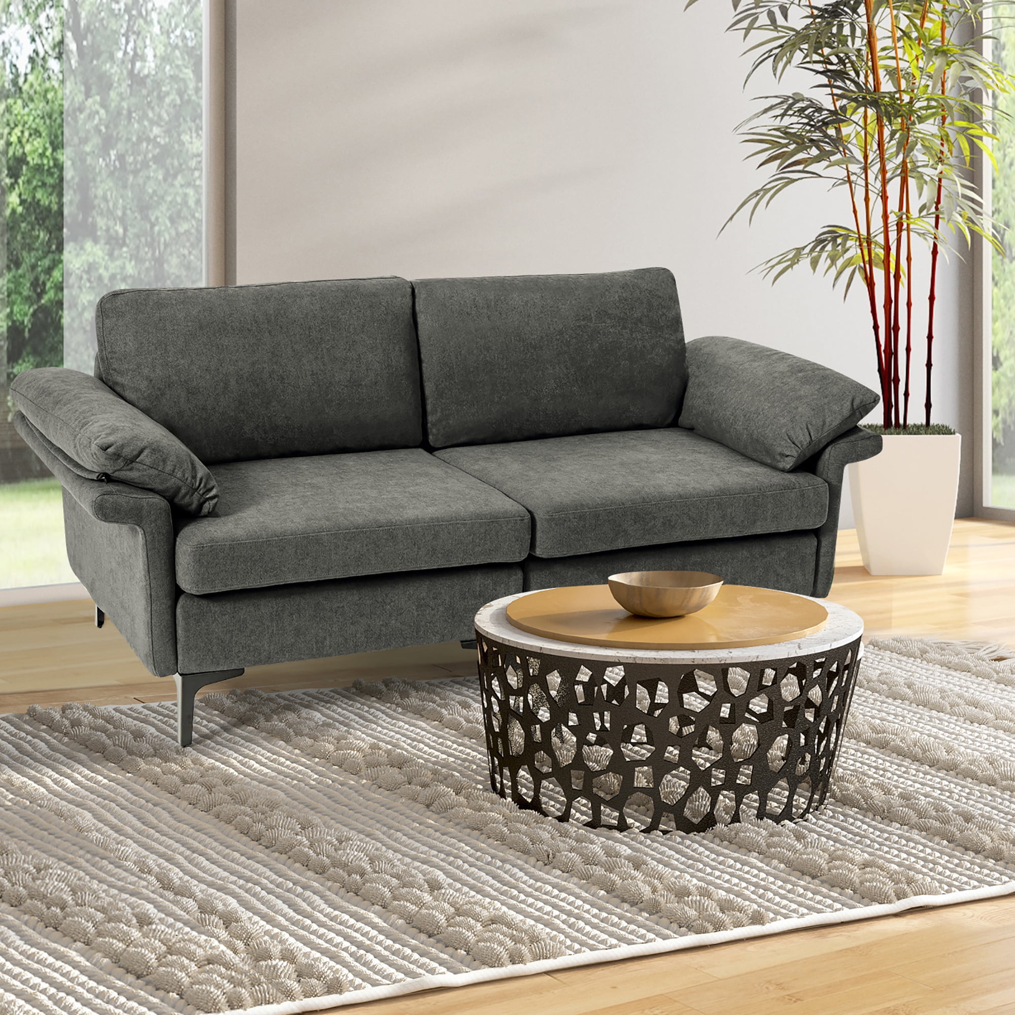 Costway Modern Loveseat Fabric 2-Seat Sofa Couch for Small Space with Metal Legs Grey