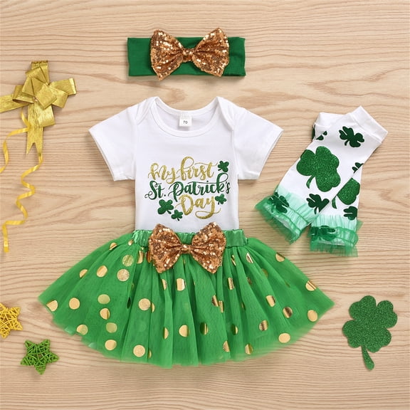 Lovzfmll 4-Piece St. Patrick's Day Romper Set for Toddlers, Clover Print Short Sleeve Jumpsuit with Tulle Skirt & Headband for Little Girls, Holiday Outfits for 0-6 Months