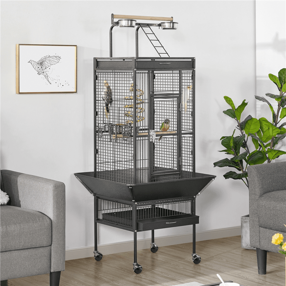 Renwick 61.5" Rolling Metal Bird Cage with Playtop, Black