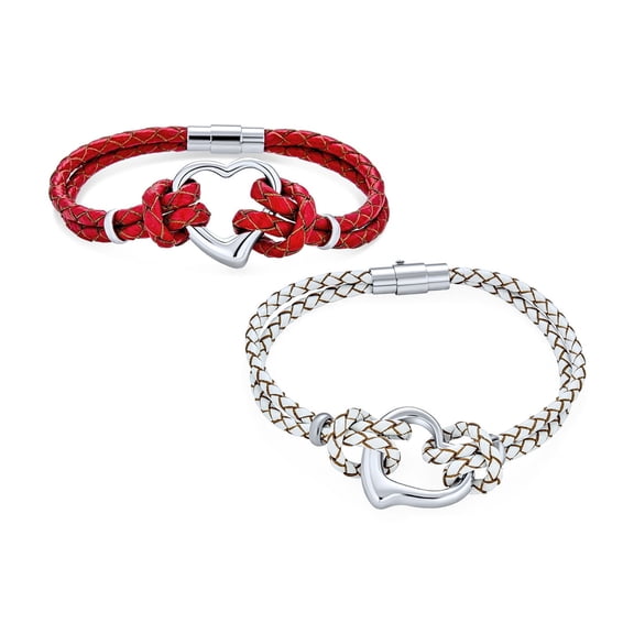 Bling Jewelry Womens Open Heart Genuine White Red Braided Leather Cord 2-Strand Bracelet Set-2