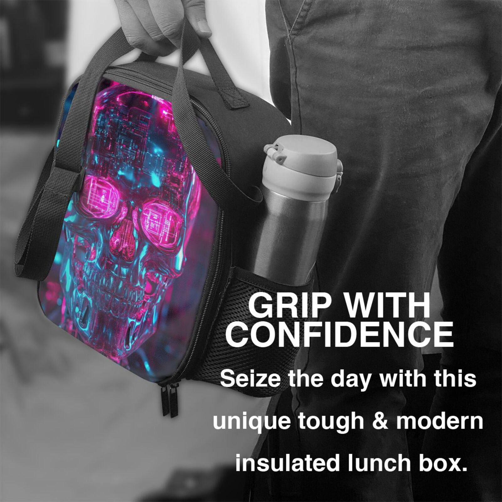 Skull Lunch Bag Reusable Lunch Box Insulated Tote Bag with Adjustable Shoulder Strap