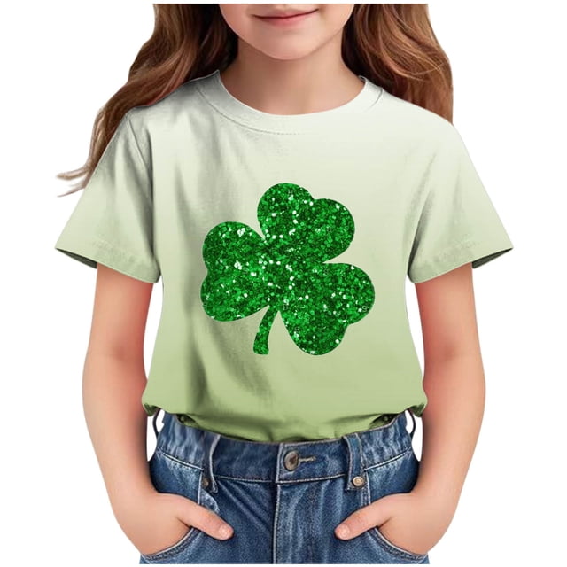 T-Shirt Imprimé de la Saint-Patrick pour Enfants, Col Rond à Manches Courtes, 95 % Polyester 5 % Élasthanne, Tissu Doux et Respirant, Tenue Décontractée pour Garçons et Filles de 3 à 14 Ans