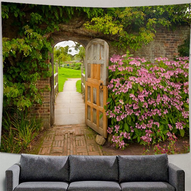 Tapestry Aesthetics Spring Flower Fence Pink Rose Plant Wall Garden Window Natural Scenery Home Decoration